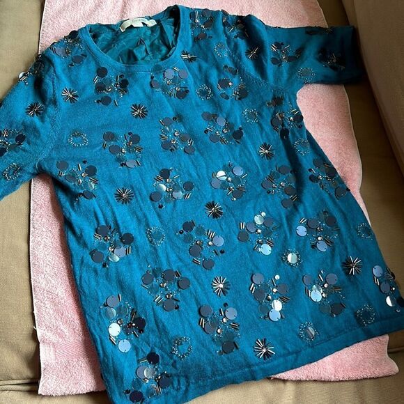 Boden Teal Embellished Bead Sequin Knit Top - Picture 1 of 9
